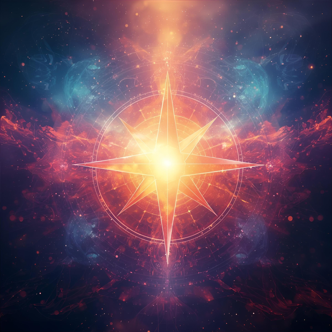 bright white light in the center of dark blues and pink light