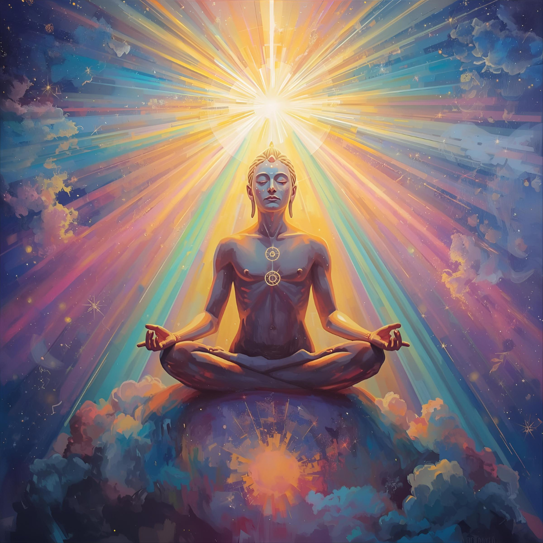 An image of a person meditating surrounded by a prism of lights