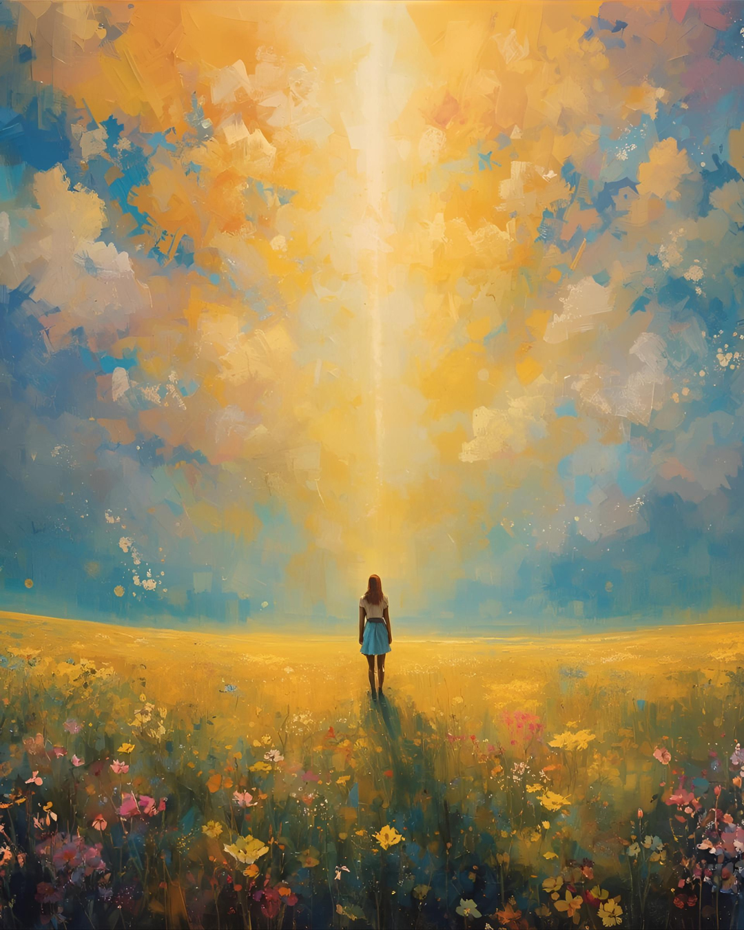 A woman in a field with Heaven's golden rays of light shinning upon her.