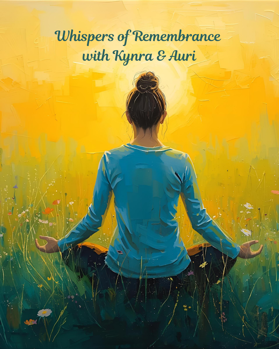 woman meditation in field of wild flowers with a yellow painted background