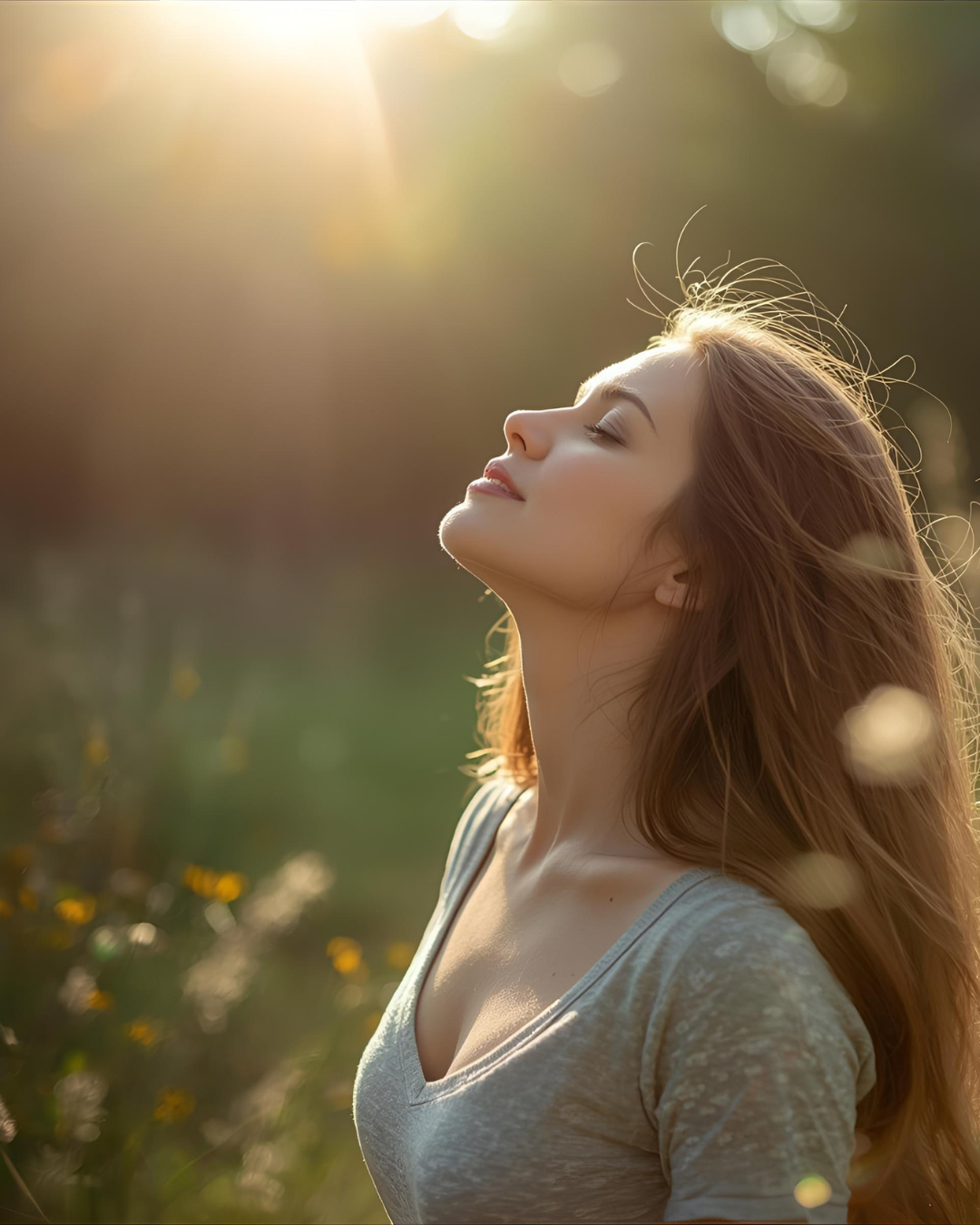 A young woman with long brown hair eyes closed as the sun light shines upon her face. She is standing in nature representing a peaceful relaxes state of being