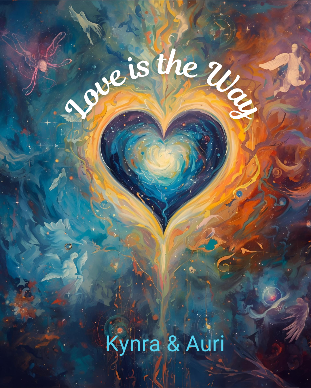 Blue and gold background with an image of a heart in the center and text Divine Love is the Way