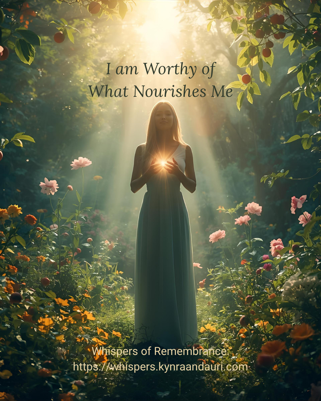 woman in lush forest holding a golden sphere of light with the words I am Worthy of What Nourishes Me