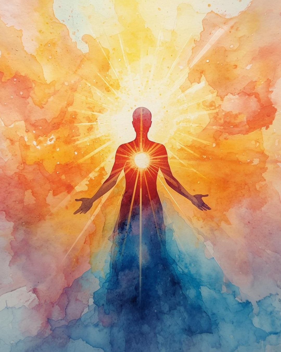 Mystical vibe, image of a faceless woman lit in glowing orange light around her head and upper body, lower half of her body is in blue, she has a glowing orb of light in her chest.