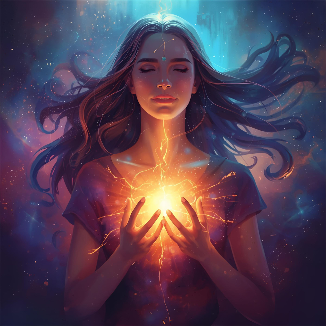 Image of a woman with light glowing from her heart centeron blue backgound,,,,,,,,,,